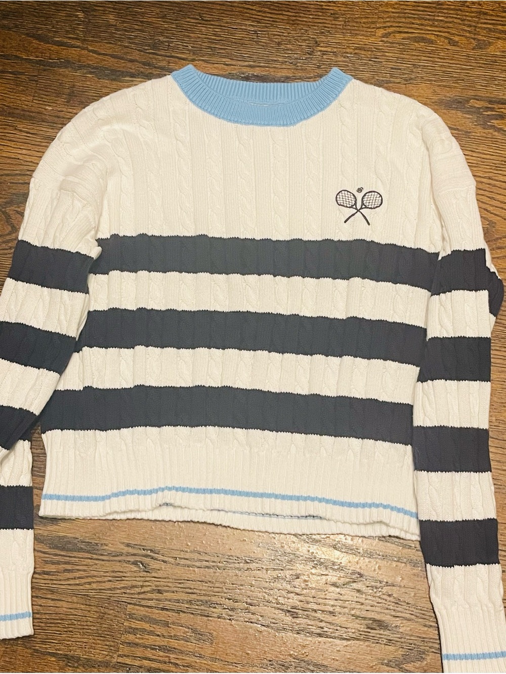 all in motion White Cable-Knit Sweater with Light Blue Trim - Picture 6 of 9